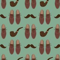 Men's clothing seamless pattern. Classic boots and a tobacco pipe on a light green background. For cover, wrapping paper, paper, case vector