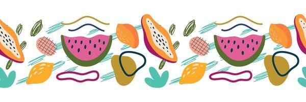Abstract fruit seamless border. Papaya, mango, lemon and abstract elements. illustration for background, card, poster vector