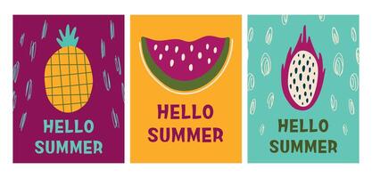 Hello summer cards set. Summer concept with fruits and abstract elements. Modern illustration vector