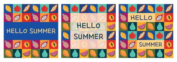 Hola verano tarjetas colocar. sin costura geométrico Fruta modelo y texto. ilustración para verano diseño vector