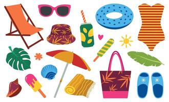 Summer cute elements set. Swimsuit, ice cream, palm leaves, beach umbrella, soda. Isolated illustration for posters, cards, background vector