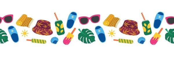Summer seamless border. Soda, beach towel, flip flops, ice cream, monstera. Modern illustration for summer design vector