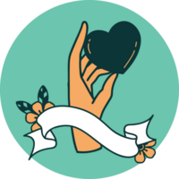 tattoo style icon with banner of a hand holding a heart png