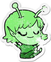distressed sticker of a smiling alien girl cartoon sitting png