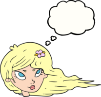 hand drawn thought bubble cartoon woman with blowing hair png