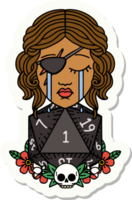 sticker of a crying human rogue with natural one d20 roll png