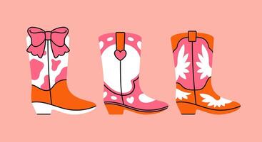 Collection of retro Cowboy fashion print with Cowgirl boots. Art vintage preppy set. Cowboy western and wild west theme. Hand drawn illustrartion. vector