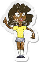 retro distressed sticker of a cartoon woman making point png