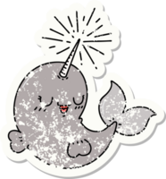 worn old sticker of a tattoo style happy narwhal png