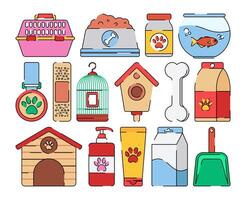 Illustration of pet supplies including toys, food, and accessories for a pet shop. vector