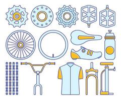 Detailed illustration of various bicycle parts including wheels, pedals, chain, gears, and handlebars. vector