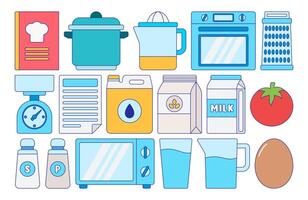 Recipe Ingredients, Assorted kitchen utensils ,and appliances illustration on white background. vector