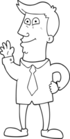 hand drawn black and white cartoon waving man png