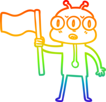 rainbow gradient line drawing of a cartoon three eyed alien waving flag png