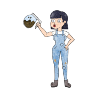 hand textured cartoon woman in dungarees with coffee png