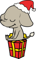 mano dibujado línea dibujo de un sonriente elefante vistiendo Papa Noel sombrero png