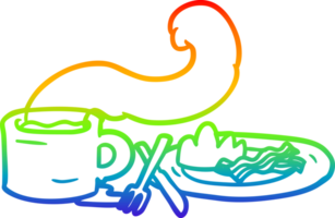 rainbow gradient line drawing of a breakfast of coffee and bacon png