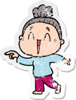 distressed sticker of a cartoon happy old lady png