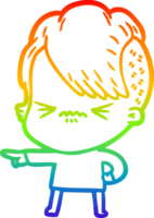 Regenbogen Gradient Linie Zeichnung von ein Karikatur genervt Hipster Mädchen png