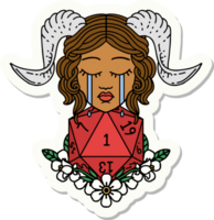 sticker van een huilen tiefling met natuurlijk een d20 Dobbelsteen rollen png