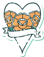 iconisch verontrust sticker tatoeëren stijl beeld van een hart en banier met bloemen png