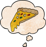 cartoon pizza slice with thought bubble in grunge texture style png