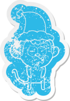 quirky cartoon distressed sticker of a hooting monkey wearing santa hat png