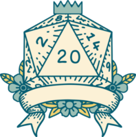 Retro Tattoo Style natural 20 critical hit D20 dice roll png