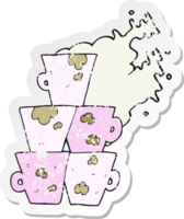 retro distressed sticker of a cartoon stack of dirty coffee cups png