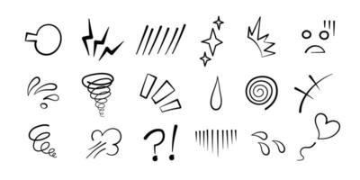 Manga or anime comic emoticon element graphic effects hand drawn doodle illustration set. vector