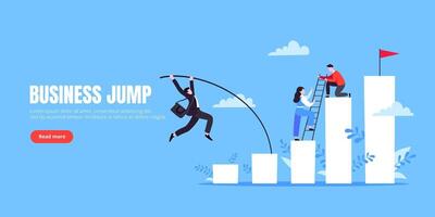 Businessman jumps pole vault over graph bars flat style design illustration. vector