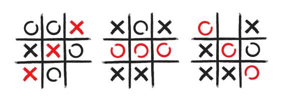 Tic tac toe xo game hand drawn grid doodle template illustration set isolated on white background vector