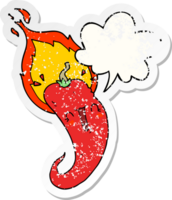dessin animé flamboyant chaud le Chili poivre avec discours bulle affligé affligé vieux autocollant png
