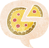 cartoon pizza with speech bubble in grunge distressed retro textured style png