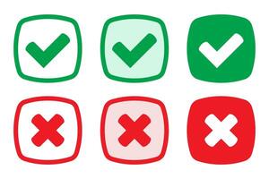 Right or wrong icons. Green tick and red cross checkmarks. Yes or no symbol, approved or rejected icon for user interface. vector