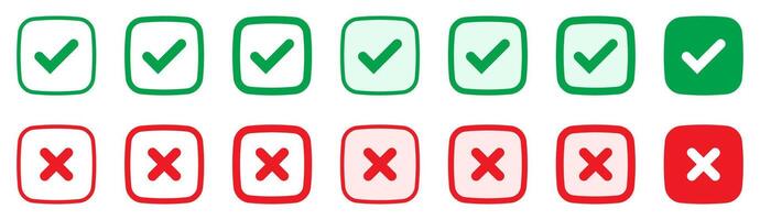 Right or wrong icons. Green tick and red cross checkmarks. Yes or no symbol, approved or rejected icon for user interface. vector