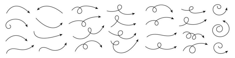 Collection of curved arrows. Set simple curved hand drawn arrows. Collection of pointers. vector