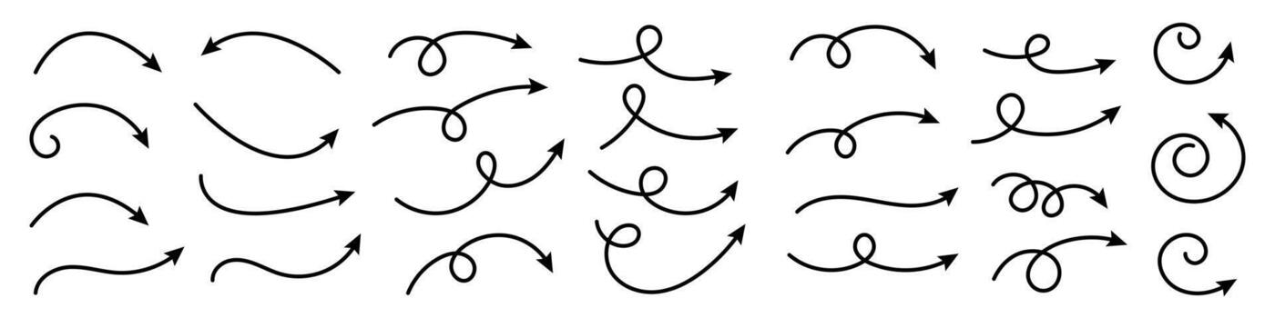 Collection of curved arrows. Set simple curved hand drawn arrows. Collection of pointers. vector