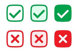 Derecha o incorrecto iconos verde garrapata y rojo cruzar marcas de verificación. si o No símbolo, aprobado o rechazado icono para usuario interfaz. vector