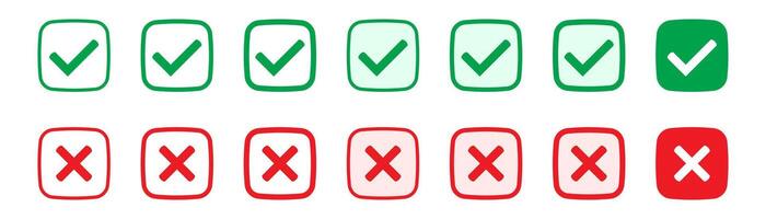 Right or wrong icons. Green tick and red cross checkmarks. Yes or no symbol, approved or rejected icon for user interface. vector