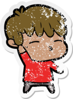 distressed sticker of a cartoon curious boy png