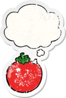 cartoon tomato with thought bubble as a distressed worn sticker png