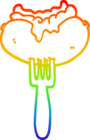 rainbow gradient line drawing of a cartoon hotdog with mustard and ketchup on fork png