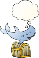 cartoon shark swimming over treasure chest with thought bubble in smooth gradient style png