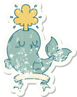 worn old sticker of a tattoo style happy squirting whale character png