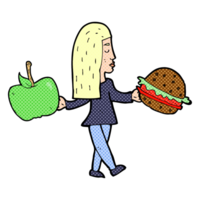 mujer de dibujos animados decidiendo comer sano png