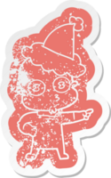 quirky cartoon distressed sticker of a weird bald spaceman wearing santa hat png