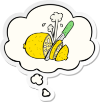 cartoon sliced lemon with thought bubble as a printed sticker png
