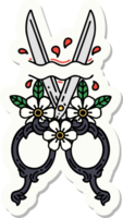 sticker of tattoo in traditional style of barber scissors and flowers png