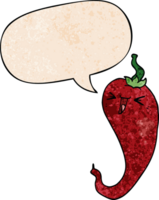 cartoon hot chili pepper with speech bubble in retro texture style png